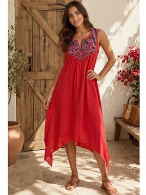 Luxology Crepe Orange Sleeveless V Neck Dress, Embroidery, Size 6, Resort, Beach